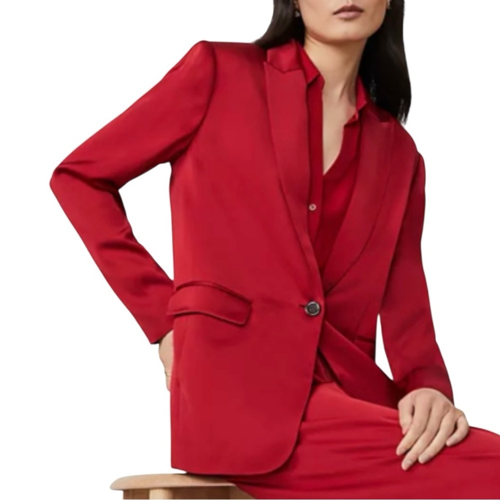 Ann Taylor Red longline satin Blazer jacket lined single button size 12 petite